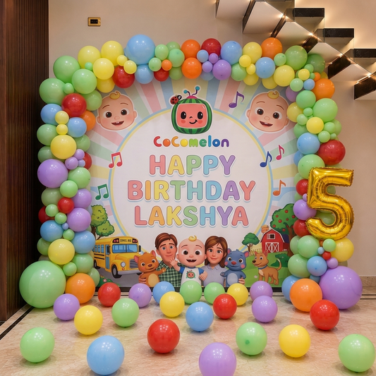 Cocomelon Theme Birthday Backdrop with Balloons in Bangalore, Hyderabad, Pune, Mumbai