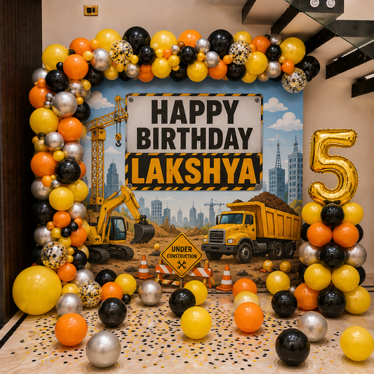 Construction Theme Birthday Backdrop with Balloons in Bangalore, Hyderabad, Pune, Mumbai