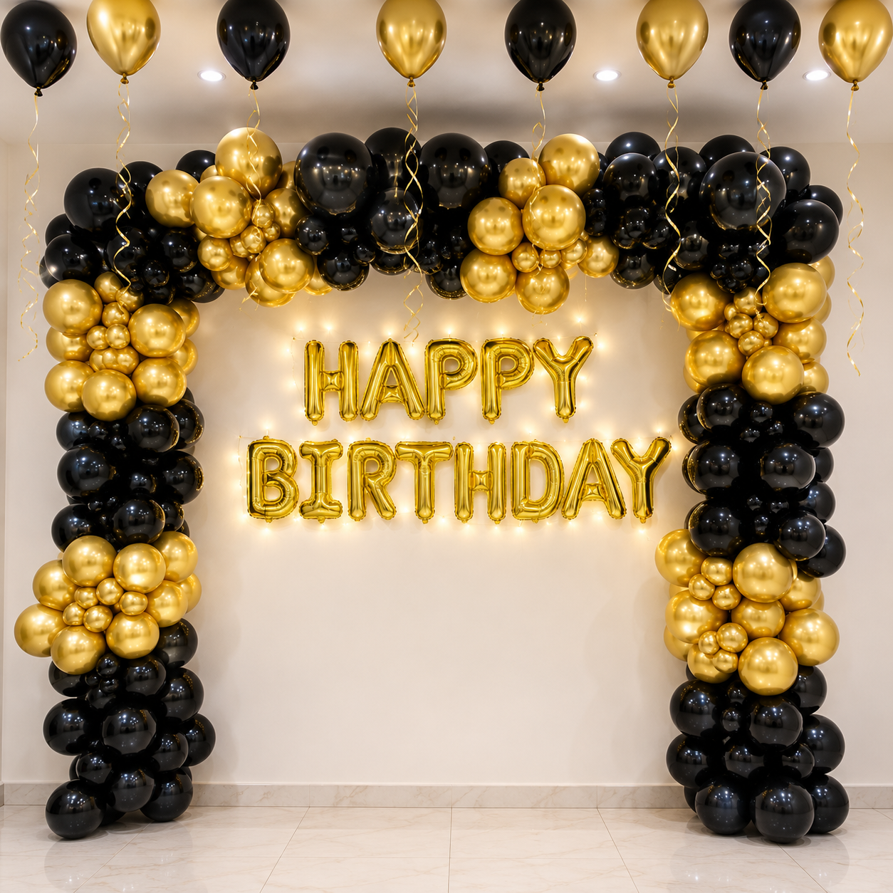 Dreamy Black and Golden Birthday Balloons Decoration at home or Club House