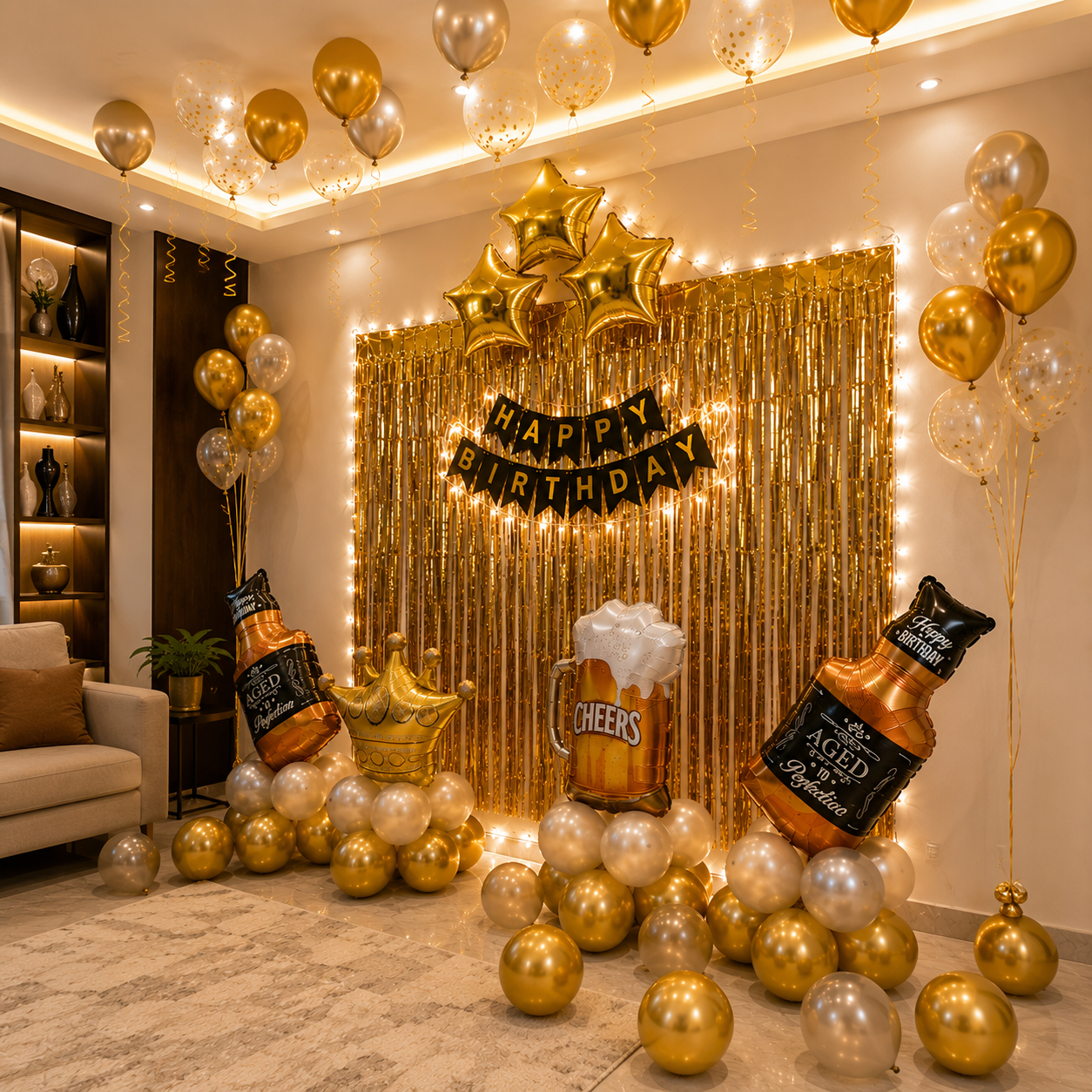Decorated birthday room with balloons, 'Happy Birthday' banner, and large bottle props.