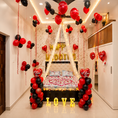 Decorated room with balloons, 'Happy Birthday' and 'I Love You' messages.