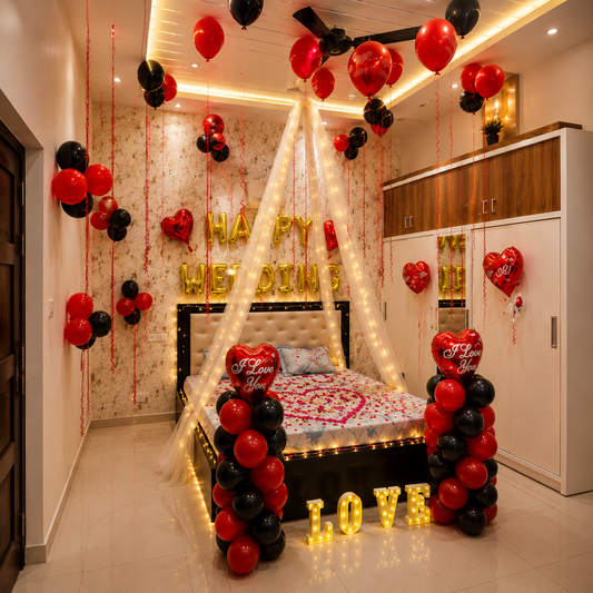 Decorated bedroom with balloons, lights, and 'Happy Wedding' signs.