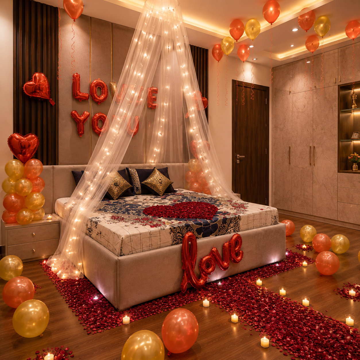 Romantically decorated bedroom with balloons, lights, and 'LOVE' decorations.