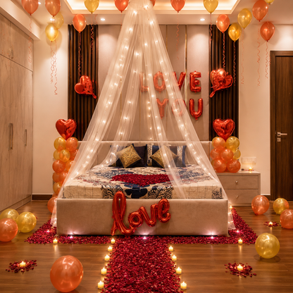 Decorated bedroom with balloons, lights, and 'LOVE YOU' message.
