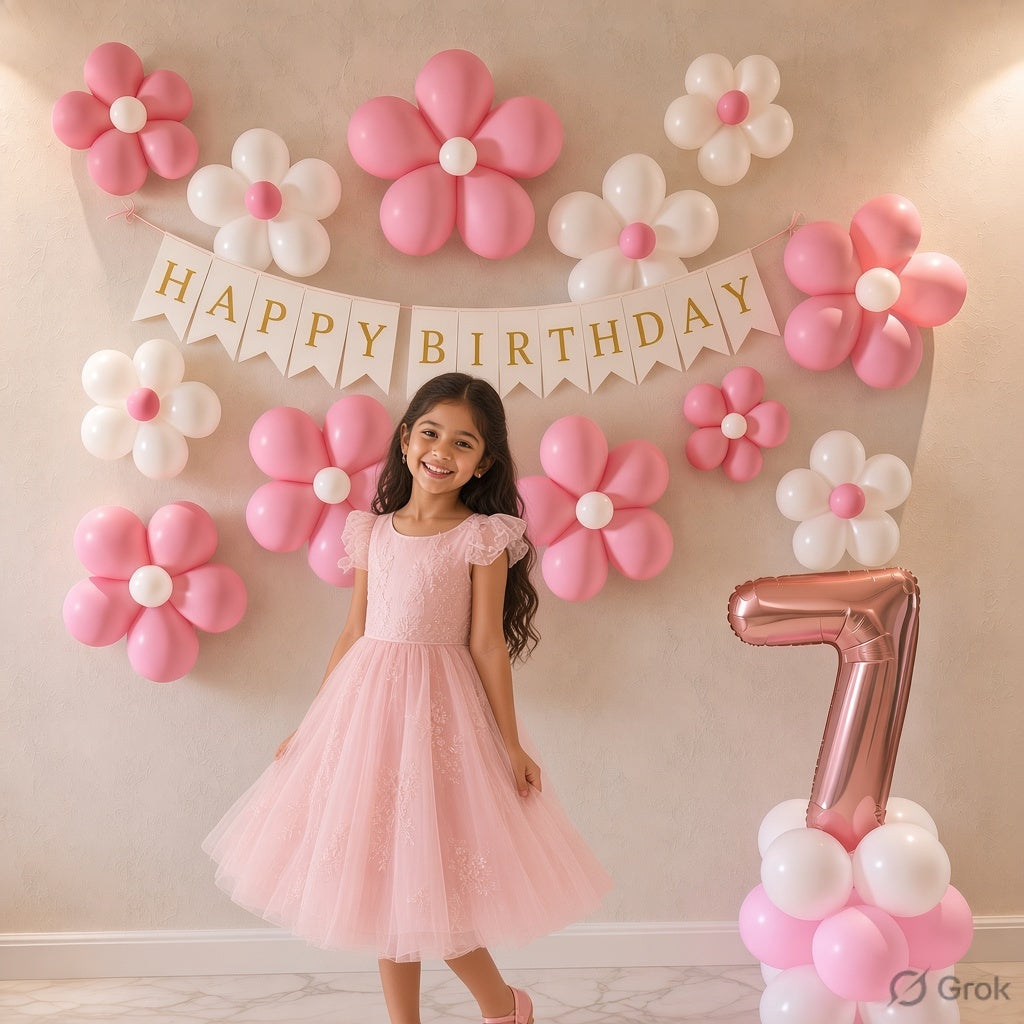 A young girl in a pink tulle dress stands in front of a pink and white balloon flower wall decoration with a 'HAPPY BIRTHDAY' banner and a large metallic pink number 7 balloon.
