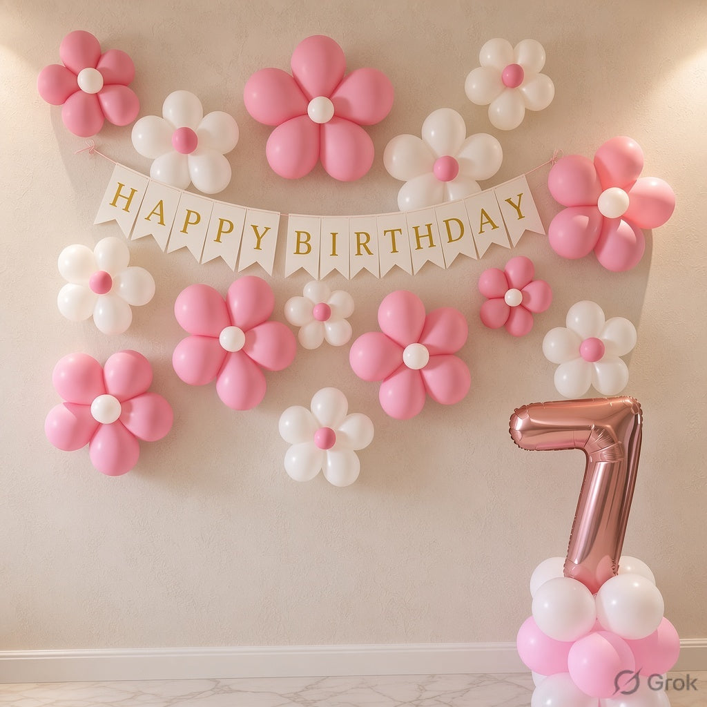Pink and white balloon flower decorations arranged on a beige wall, with a white 'HAPPY BIRTHDAY' banner and a metallic rose-gold number 7 balloon at the bottom right.