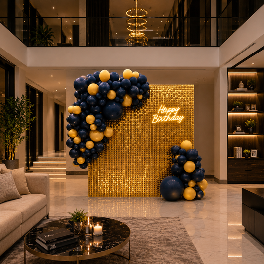Decorative setup with balloons and a 'Happy Birthday' sign in a modern interior setting.