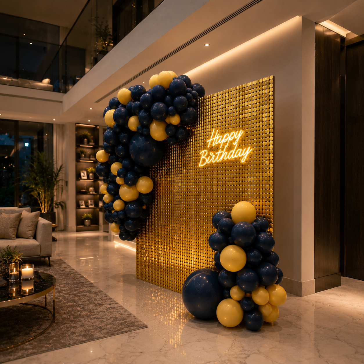 Decorative setup with balloons and 'Happy Birthday' sign in a modern interior setting