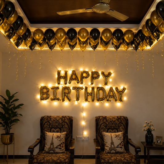 Decorated room with 'Happy Birthday' balloons and string lights, chairs with Eiffel Tower pillows, and a ceiling fan.