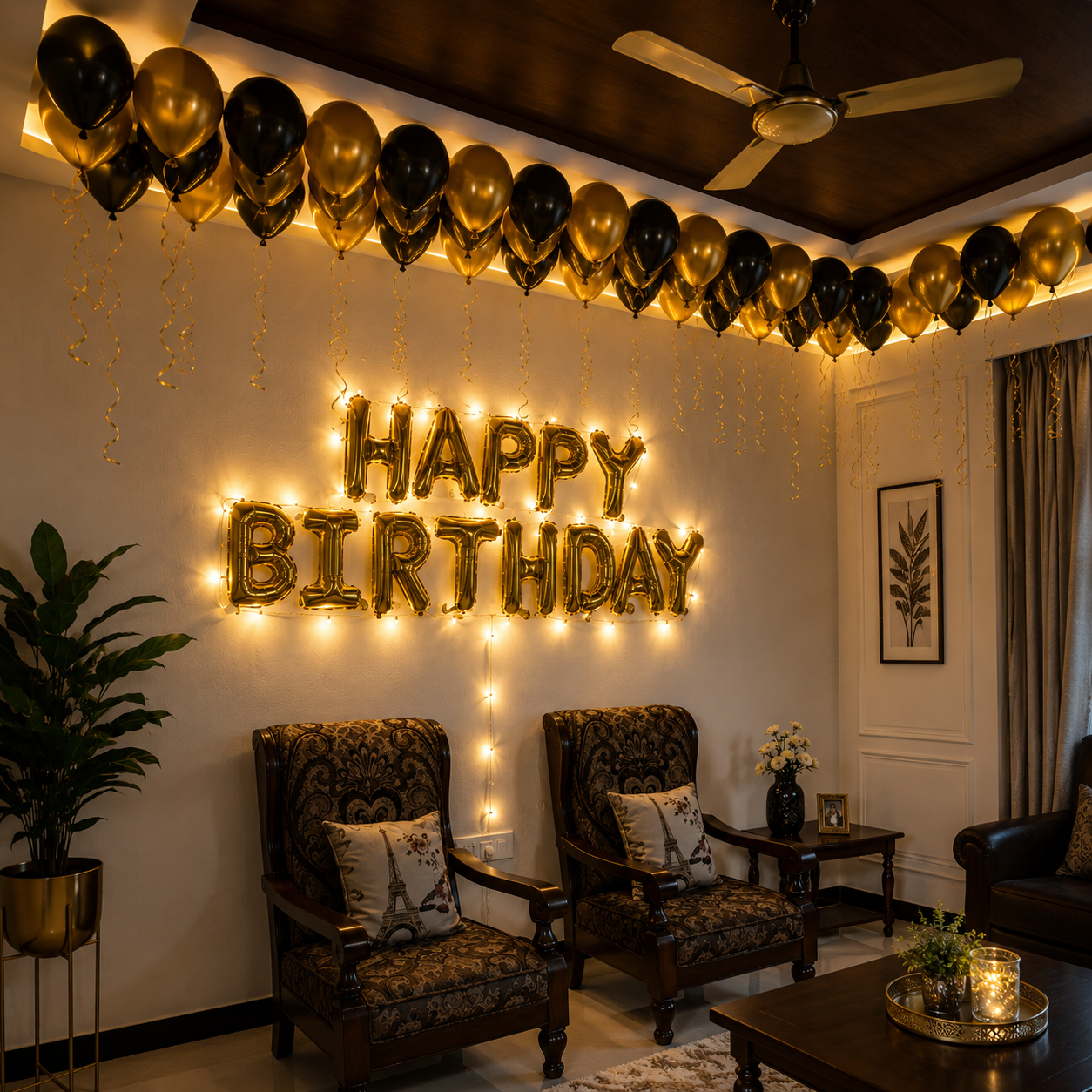 Decorated living room with 'Happy Birthday' lights and balloons.