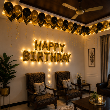 Decorated living room with 'Happy Birthday' lights and balloons.