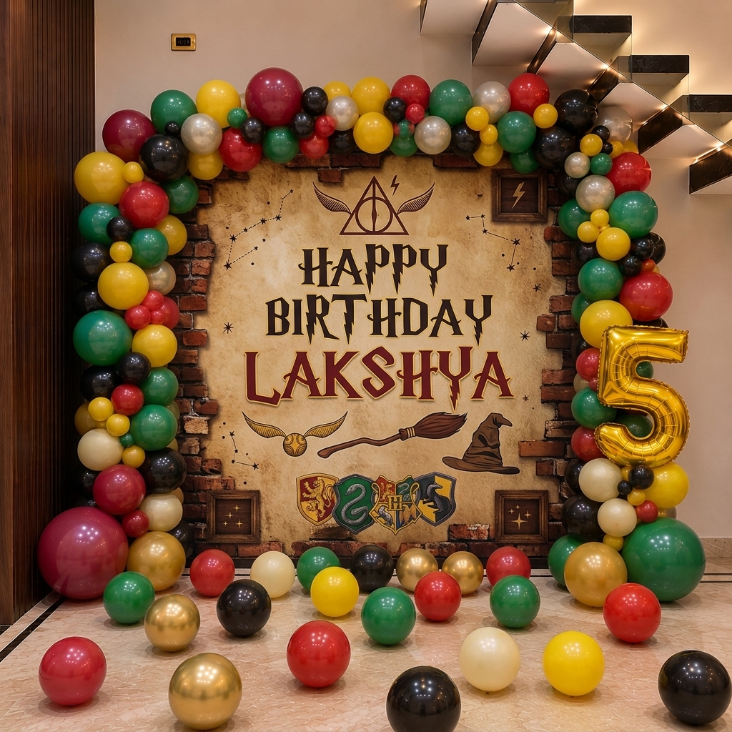 Birthday celebration setup with colorful balloons and a personalized sign for Lakshya's 5th birthday.