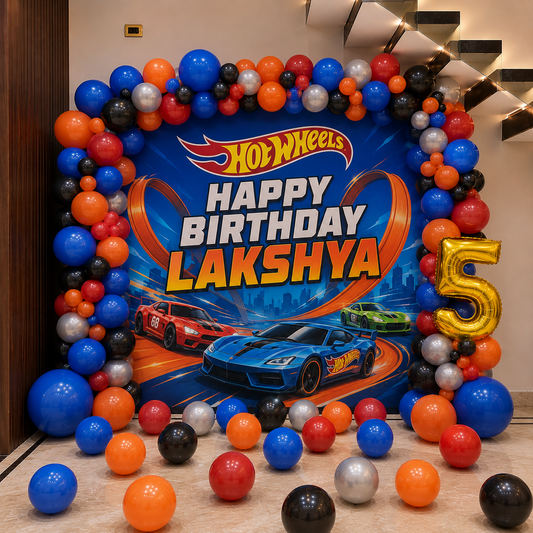 Hot Wheels Theme Birthday Backdrop with Balloons in Bangalore, Hyderabad, Pune, Mumbai