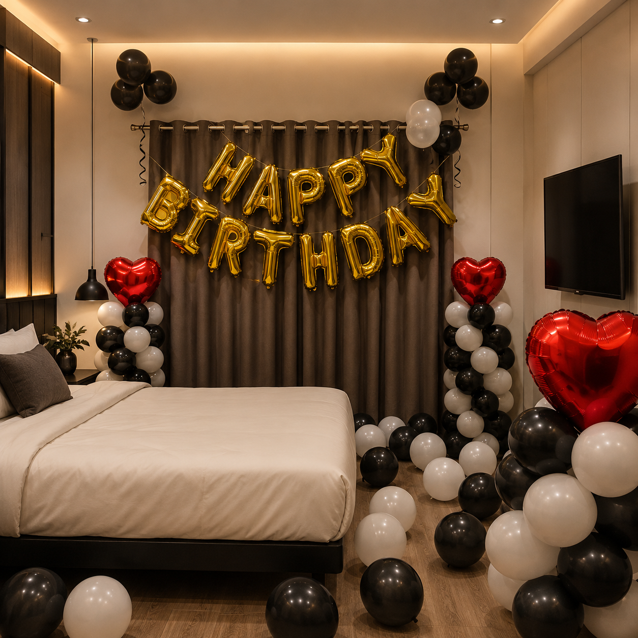 Birthday room decoration with 'Happy Birthday' balloons and balloons on a bed.