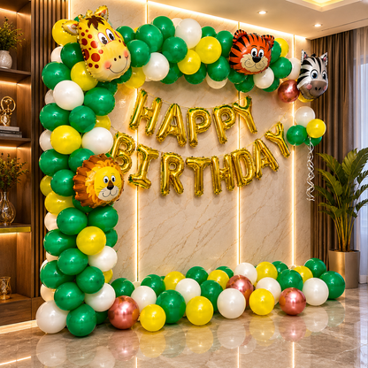 Birthday balloon arch with animal-themed balloons and 'Happy Birthday' text in a room setting.