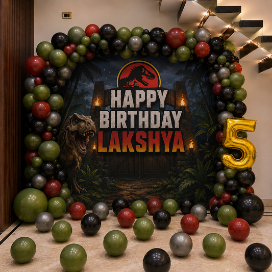 Jurrasic Park Dinosaur Theme Birthday Backdrop with Balloons in Bangalore, Hyderabad, Pune, Mumbai