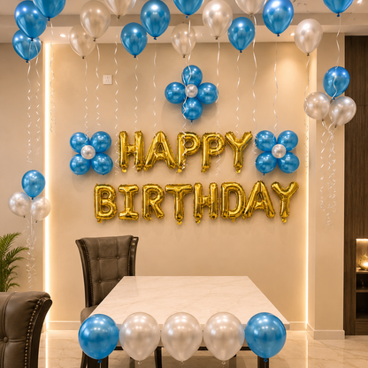 Kids birthday balloon decoration at home with blue and silver balloons and happy birthday foil letters