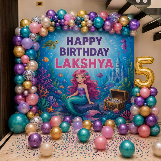 Mermaid Theme Birthday Backdrop with Balloons in Bangalore, Hyderabad, Pune, Mumbai