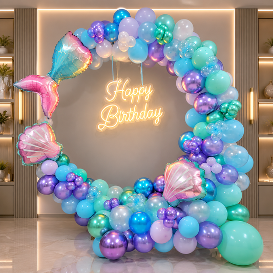 Colorful balloon arch with 'Happy Birthday' neon sign in a room setting