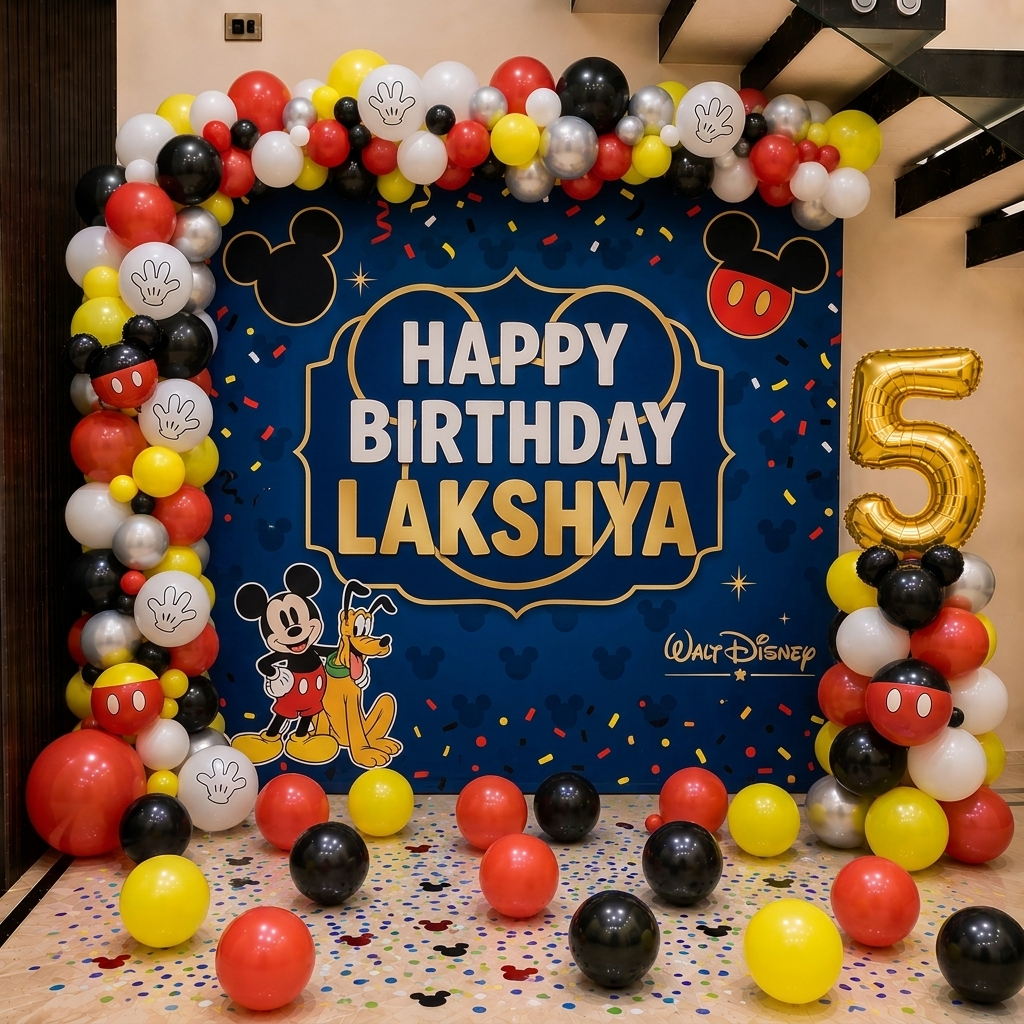 Mickey Mouse Theme Birthday Backdrop with Balloons in Bangalore, Hyderabad, Pune, Mumbai