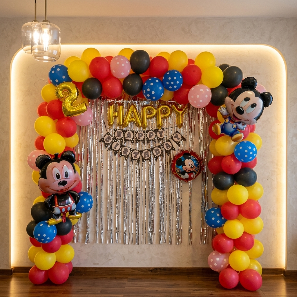 Decorative balloon arch with Mickey Mouse balloons and 'Happy Birthday' banner in a room.