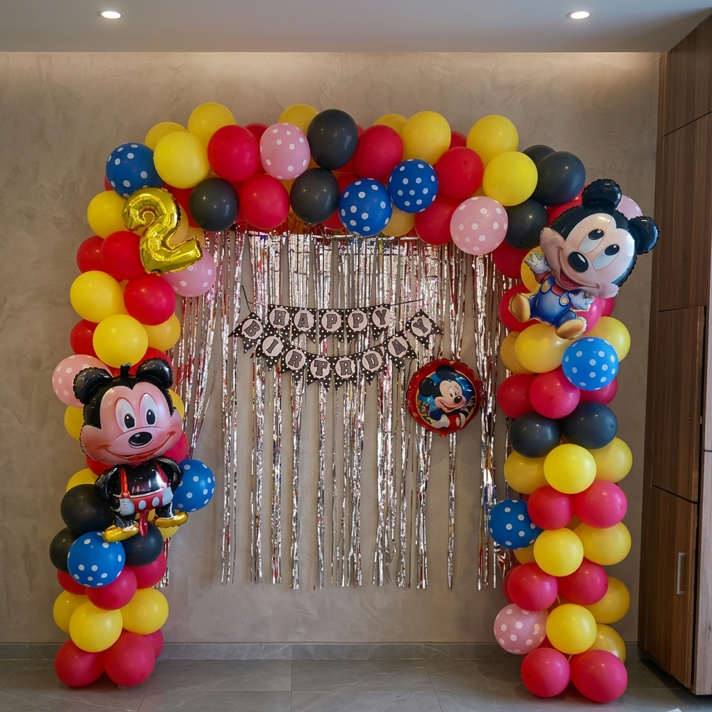 Balloon arch with Mickey Mouse decorations and '2' balloon in a room.
