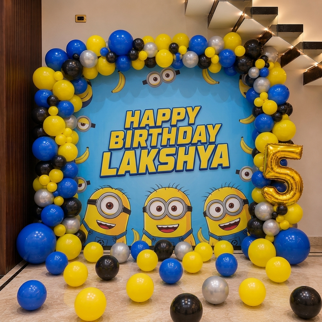 Minion Theme Birthday Backdrop with Balloons in Bangalore, Hyderabad, Pune, Mumbai