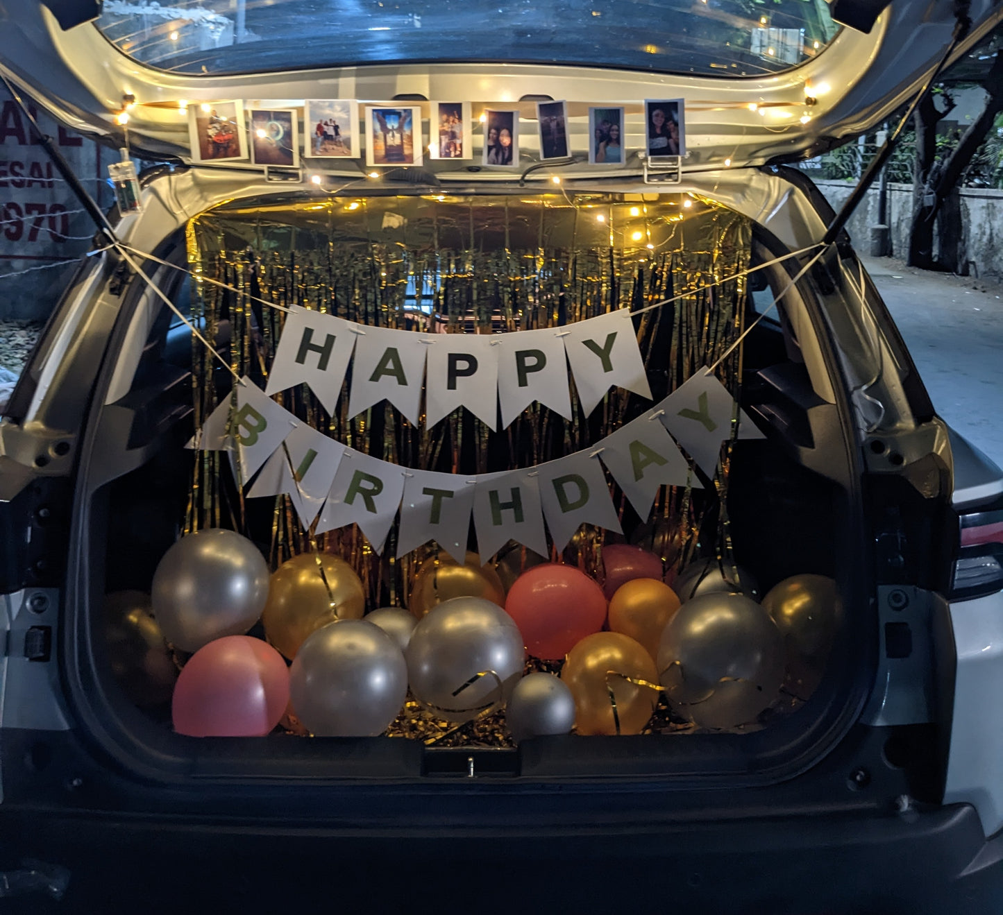 Car Boot Balloon Decoration for birthday with fairy lights and photos