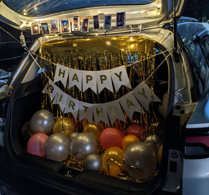 Car Boot Balloon Decoration for birthday with fairy lights and photos