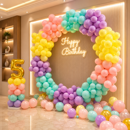 Colorful balloon arch with 'Happy Birthday' and number '5' in a room setting.