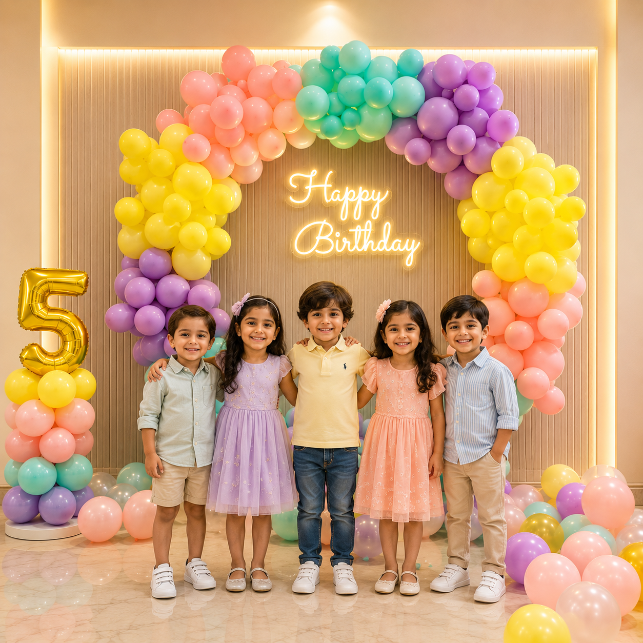 Five children standing in front of a colorful balloon arch with 'Happy Birthday' and number '5' decorations.