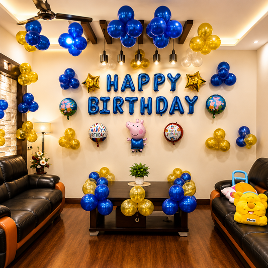 Birthday party setup with balloons and decorations in a living room.
