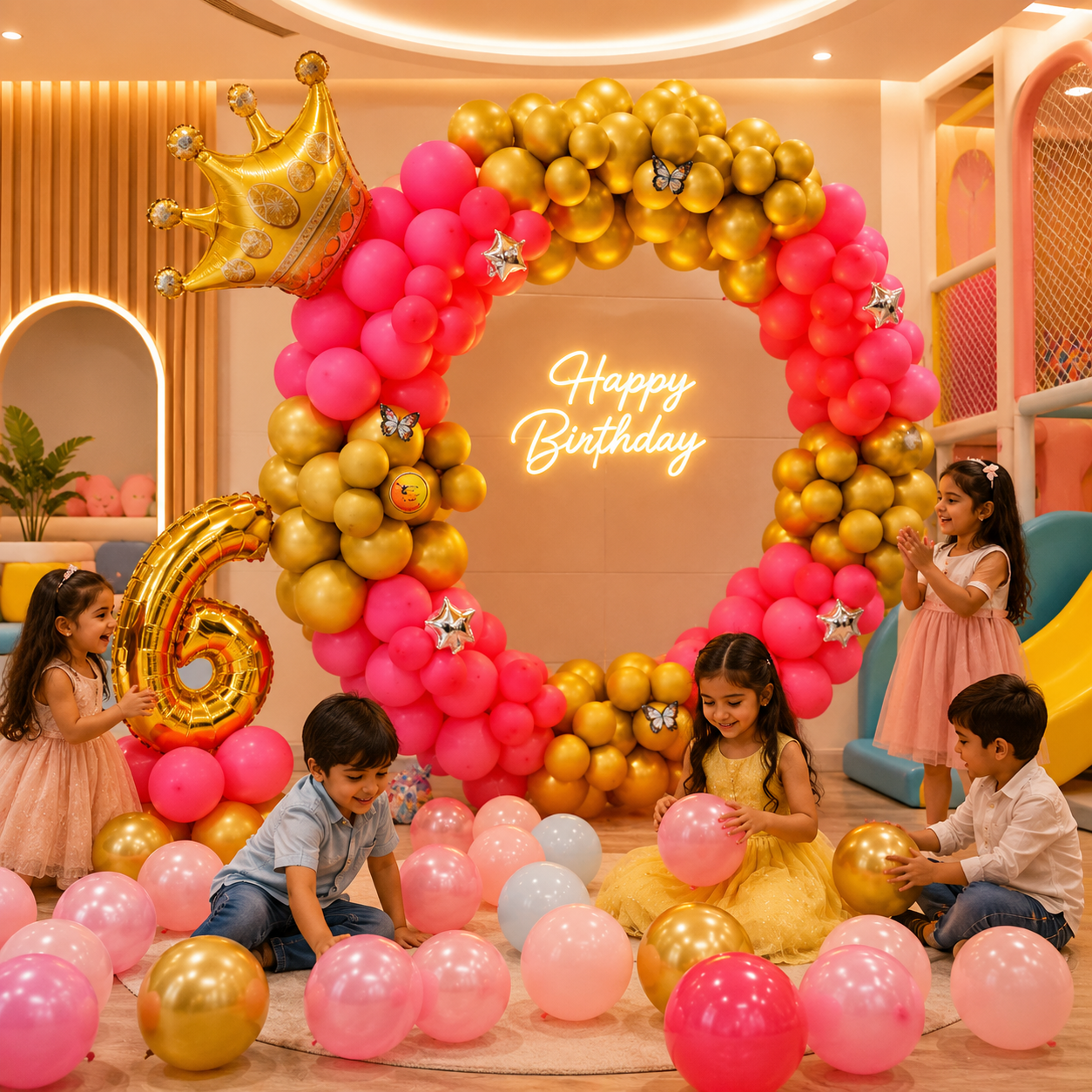Children celebrating a birthday with a colorful balloon arch and decorations.