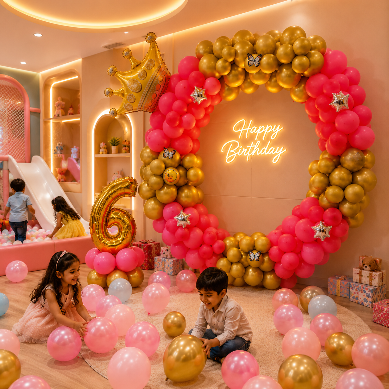 Children playing with balloons in a decorated birthday party area with a 'Happy Birthday' sign and number 6 balloons.