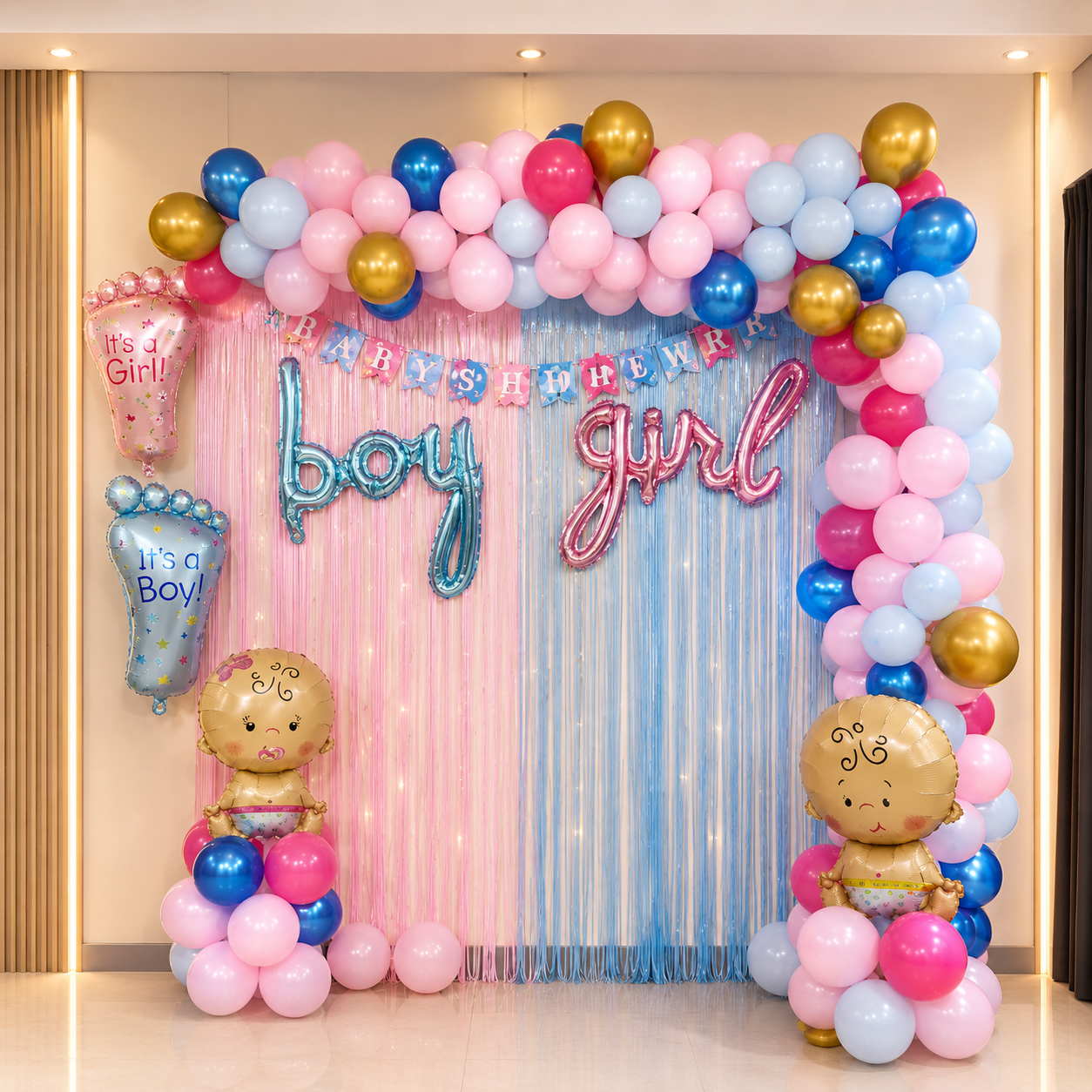 Decorative arch with balloons and baby-themed decorations for a gender reveal party.