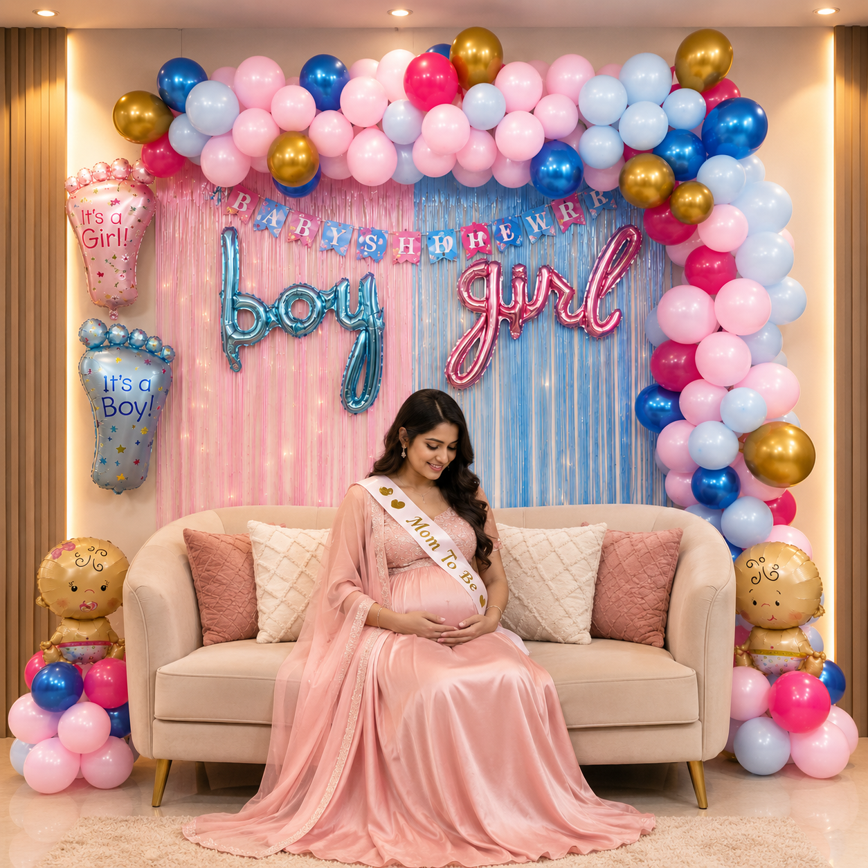 Pregnant woman in a pink dress sitting on a couch with a baby shower decoration in the background.