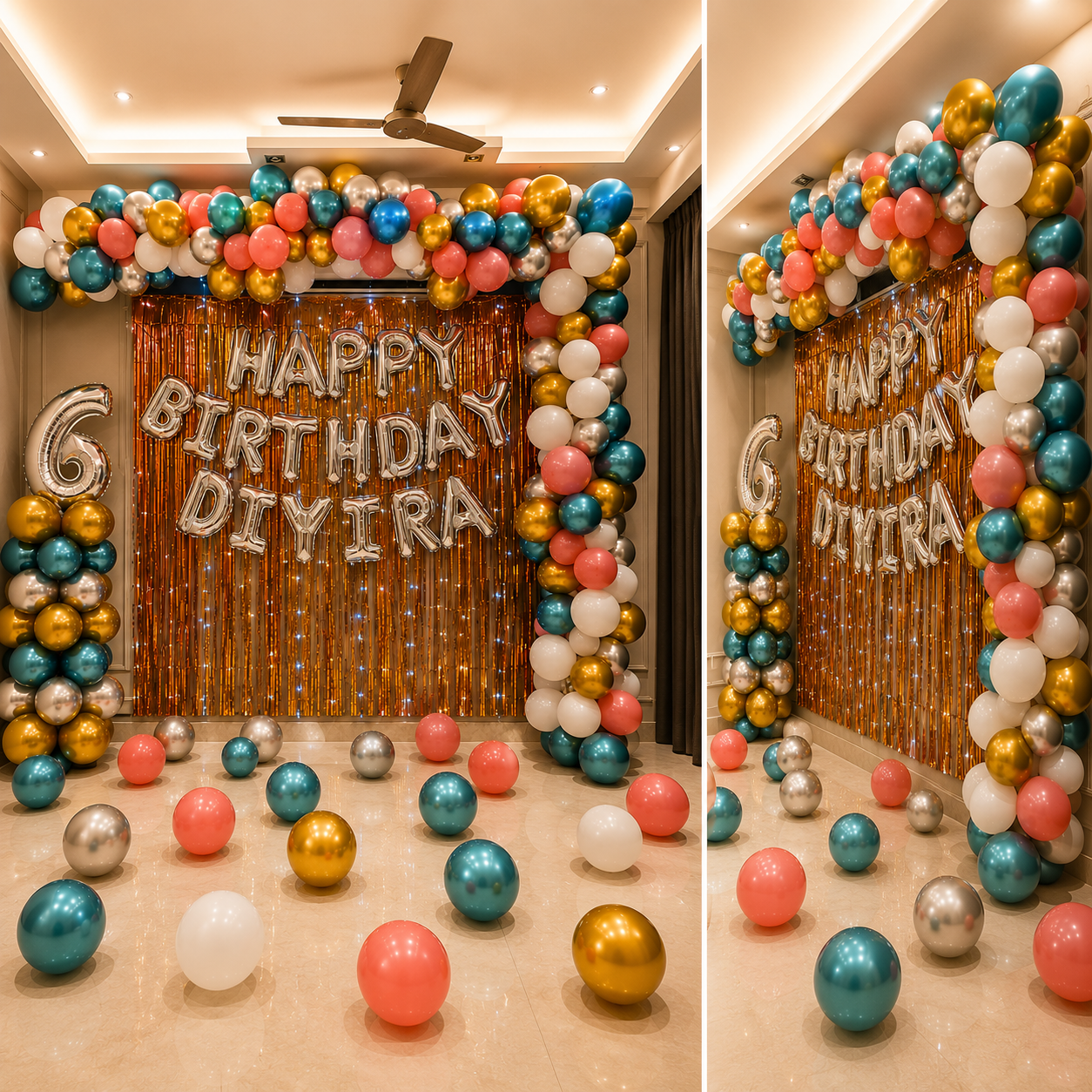 Birthday celebration setup with colorful balloons and 'Happy Birthday Divyira' text.
