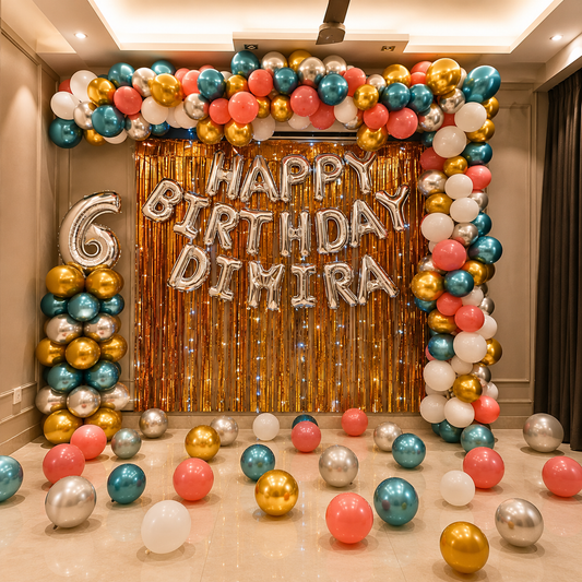 Colorful balloon arch with 'Happy Birthday Dimira' text in a room.