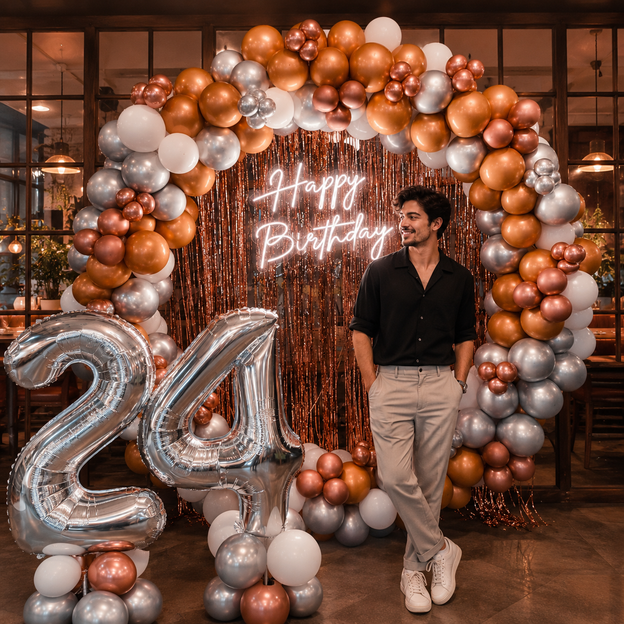 Man standing in front of a 'Happy Birthday' arch with balloons and number 24 in a decorated room.