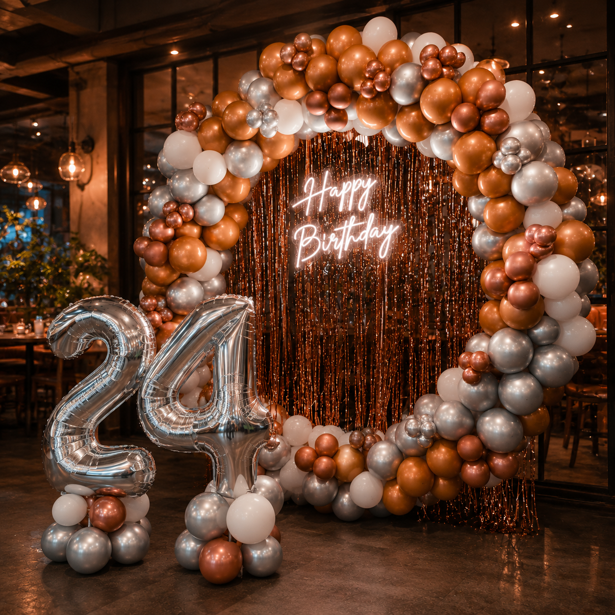 Balloon arch with 'Happy Birthday' and number '24' in a festive setting.