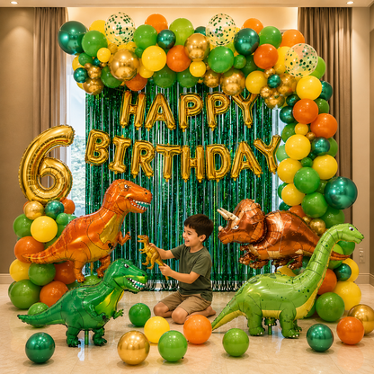 Child playing with dinosaur balloons in front of a 'Happy Birthday' archway with balloons.