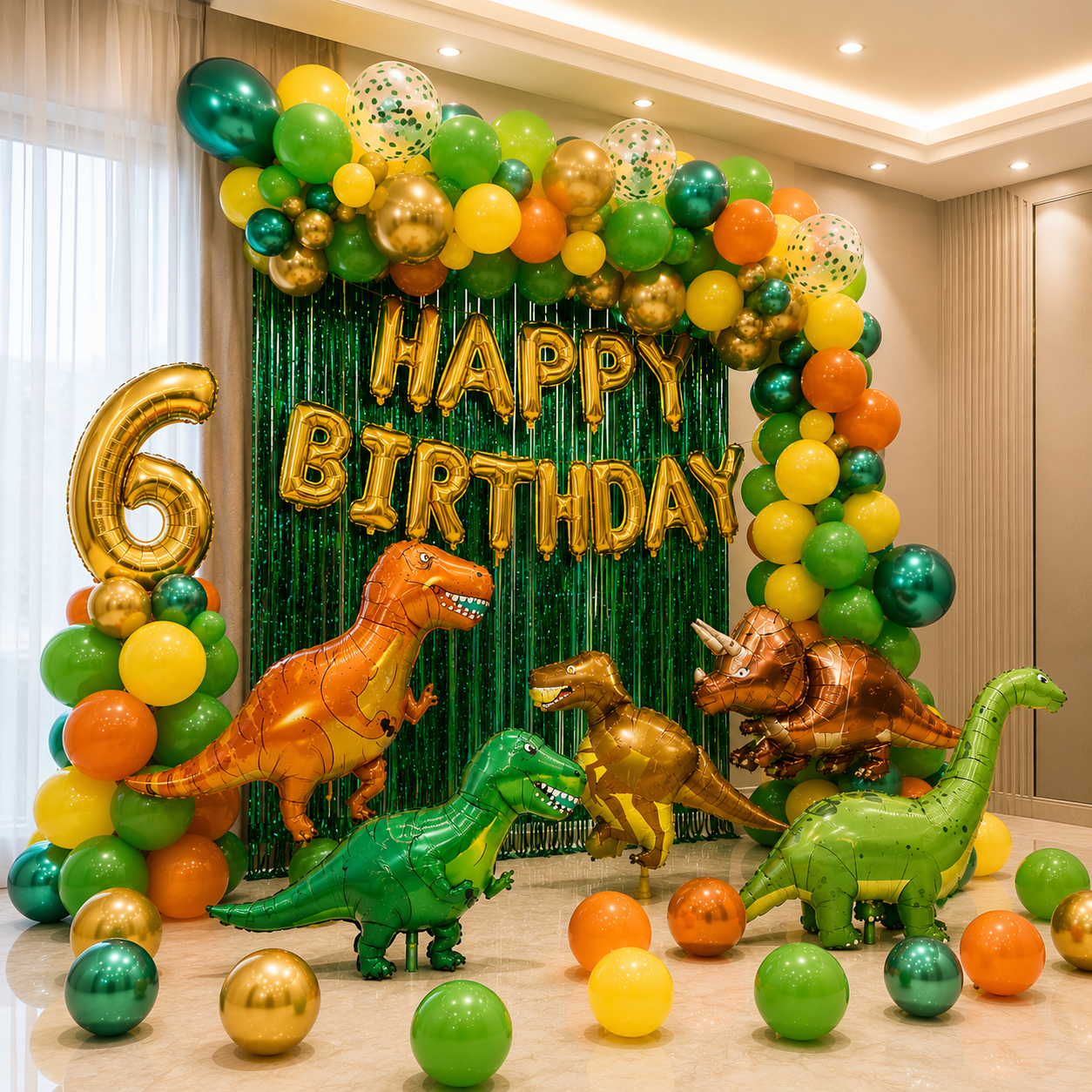 Dinosaur-themed birthday party setup with balloons and decorations.