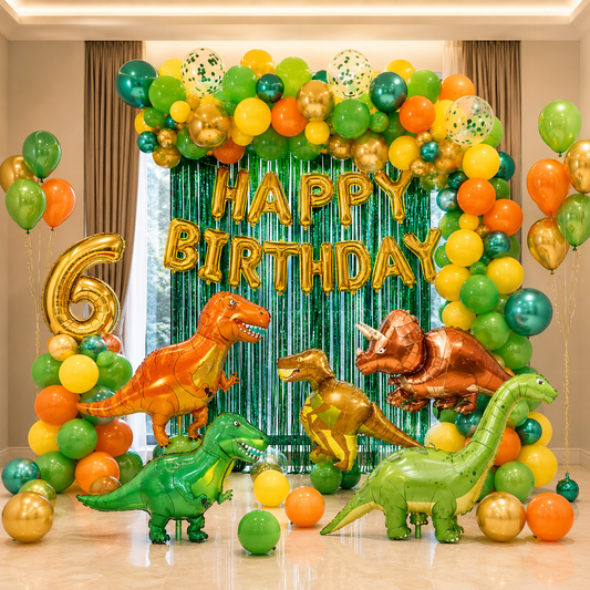 Dinosaur-themed birthday party setup with balloons and decorations.
