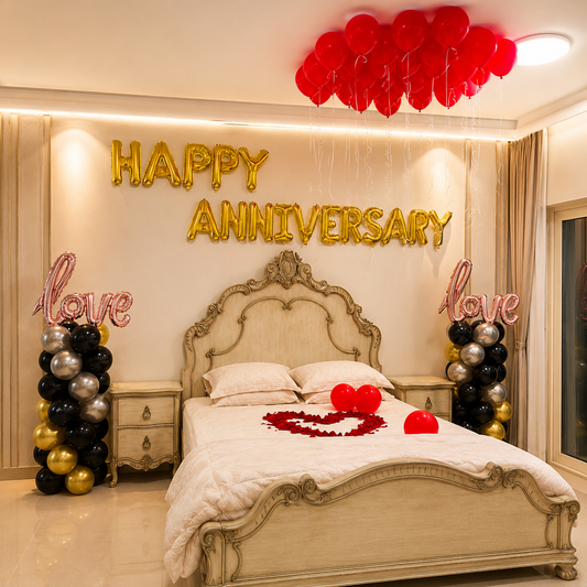 Decorated bedroom with 'Happy Anniversary' and 'Love' balloons, heart-shaped decorations on bed.