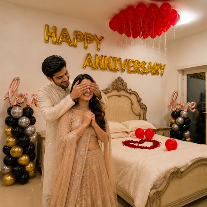 Couple celebrating an anniversary with balloons and decorations in a bedroom.