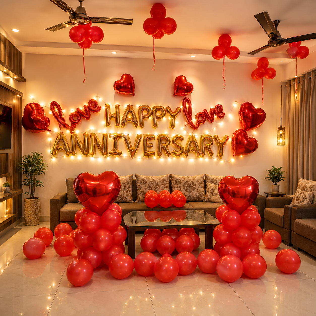 Decorated living room with 'Happy Anniversary' balloons and lights