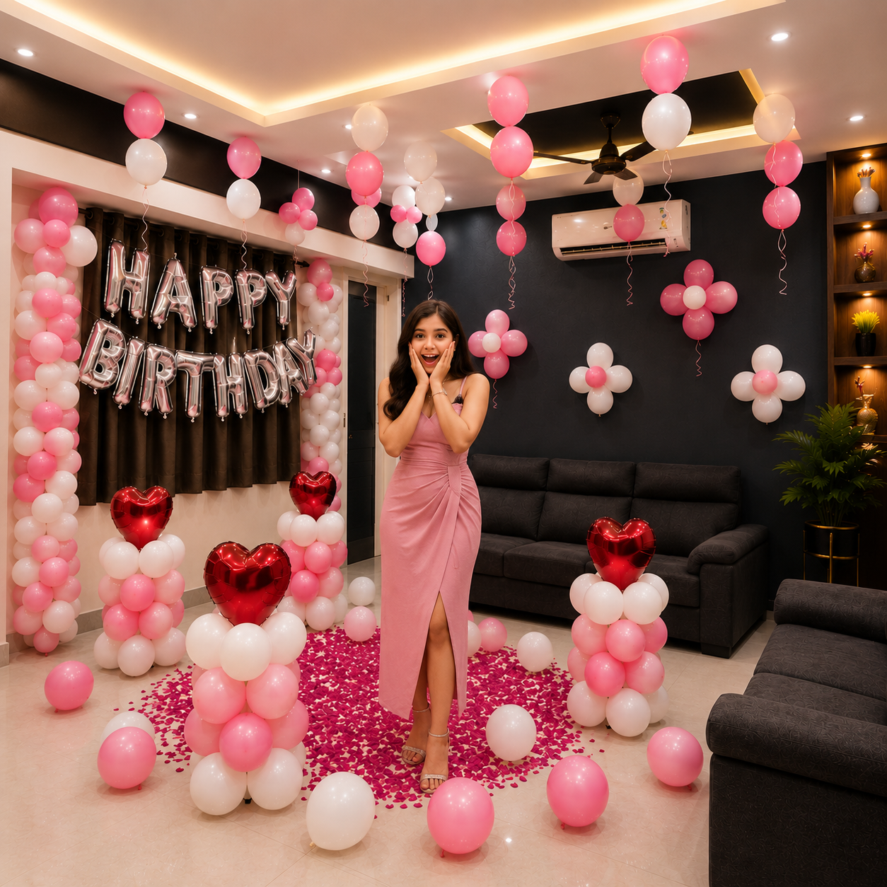 Woman in a pink dress standing in a room decorated with balloons and 'Happy Birthday' banner.