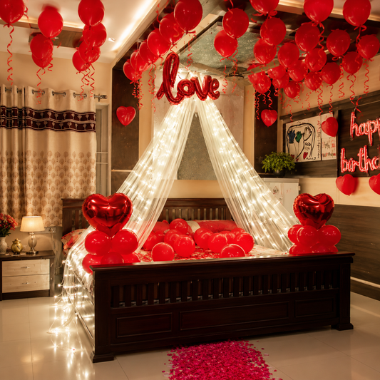 Decorated bedroom with red balloons, heart-shaped decorations, and fairy lights.