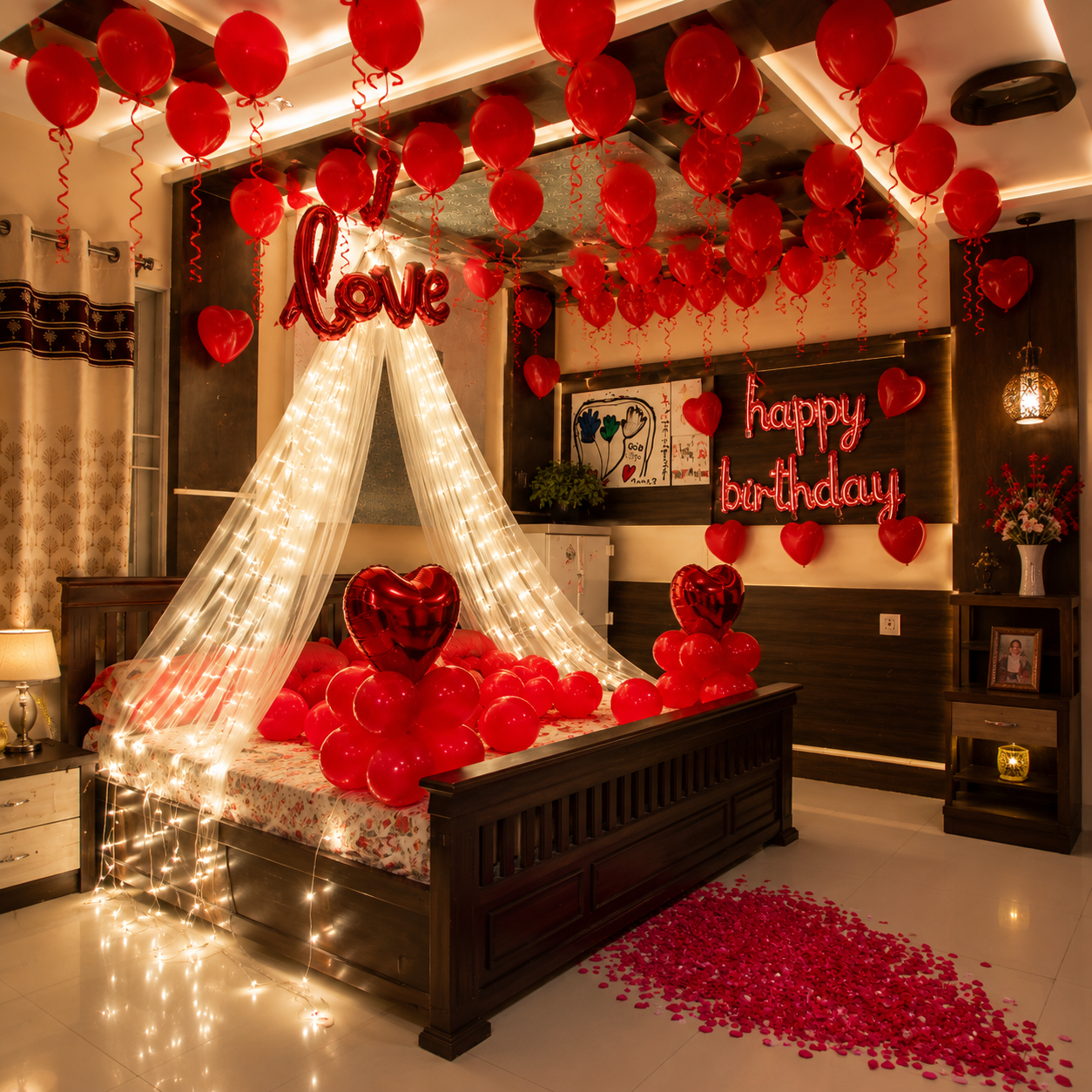 Decorated bedroom with red balloons, lights, and 'Happy Birthday' sign.