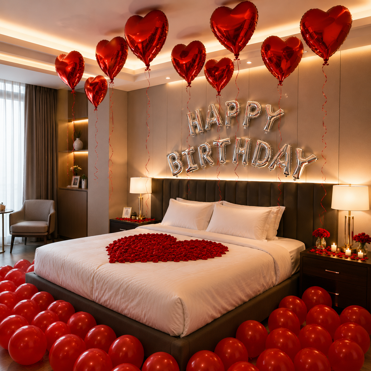 Decorated bedroom with red balloons, 'Happy Birthday' balloons, and heart-shaped decorations.